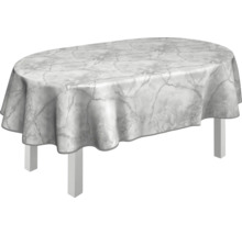 Oval bord med bordsduk i marmordesign