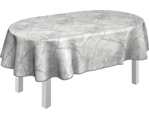 Oval bord med bordsduk i marmordesign