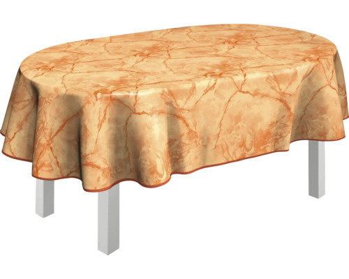 Oval bord med bordsduk i marmordesign