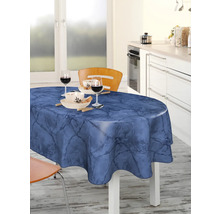 Matbord med blå vaxduk med marmordesign