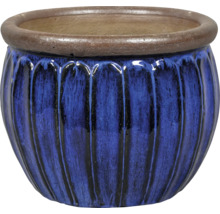 Blå blomkruka med räfflat mönster och bred kant