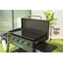 Pit Boss grill med öppen stekplatta och lock.