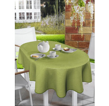 Dukat trädgårdsbord med ljusgrön, oval duk, porslin och kaka