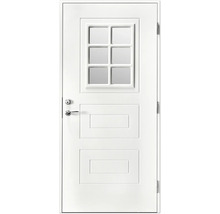 Vit dörr med glasinsats, dörrhandtag och beslag