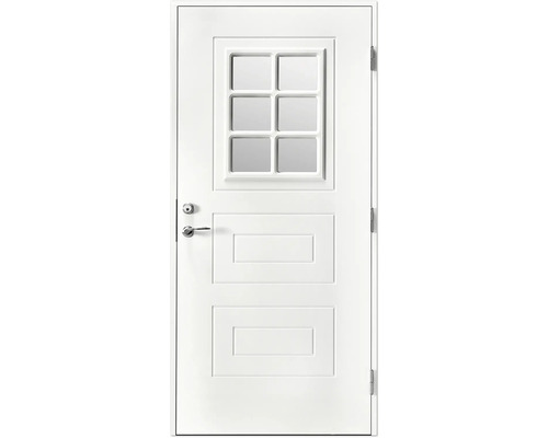 Vit dörr med glasinsats, dörrhandtag och beslag