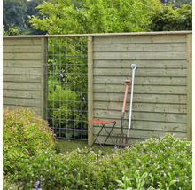 Trädgårdsutsikt med trästaket, spaljé, trädgårdsredskap och trädgårdspall