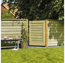 Trästaket med öppen trädgårdsport, bänk och växt på gräsmatta