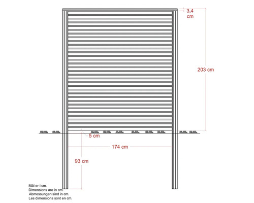 Illustration av en sekretessskärm med dimensioner.