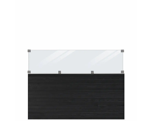 Glasräcke med träpaneler som insynsskydd