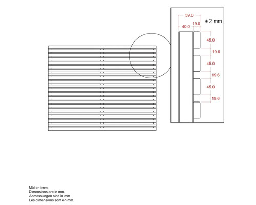 Teknisk ritning av ett staketelement med mått i millimeter
