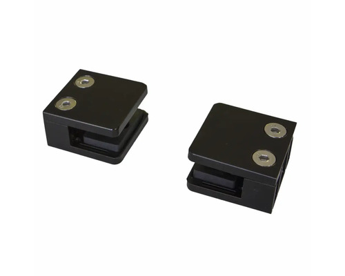 Två svarta glasklämmor för fastsättning av glasskivor