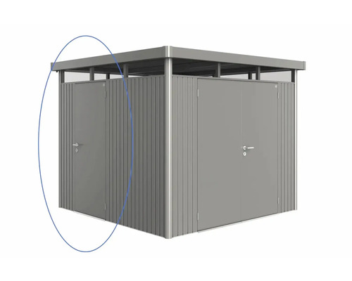 Metallförråd med dubbeldörr och platt tak