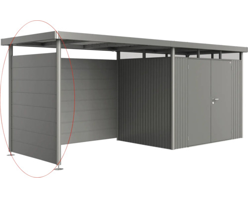 Metallförråd med platt tak för förvaring av trädgårdsredskap