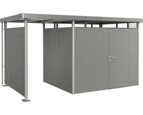 Grå redskapslåda med skjutdörr och dörr