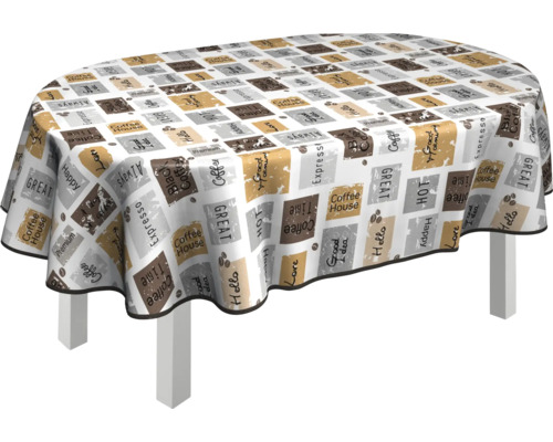 Oval bord med duk med kaffemotiv på ett bord