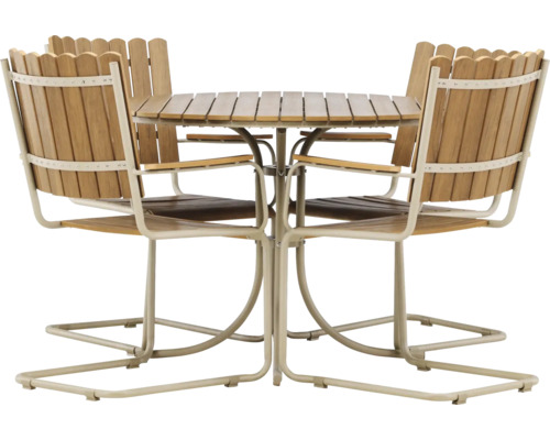 Trädgårdsbord med fyra stolar av trä och metall