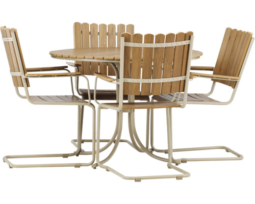 Utemöbelgrupp med bord och fyra stolar i trä och metall