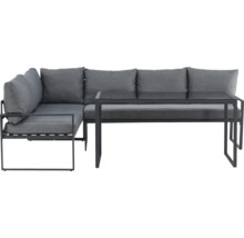 Grå hörnsoffa med metallram och vadderade kuddar