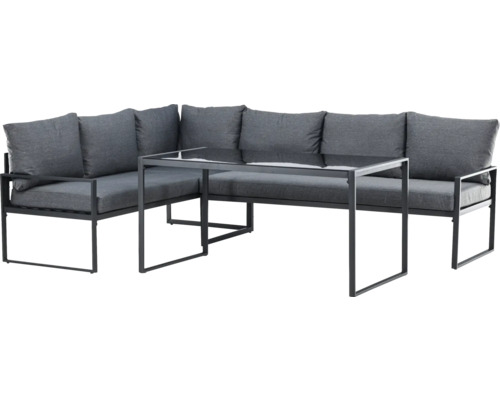 Hörnloungegrupp för trädgården med bord och grå dynor
