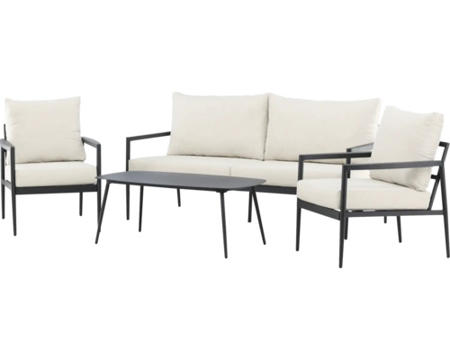 Trädgårdsmöbelset med soffa, två fåtöljer och ett bord för utomhusbruk