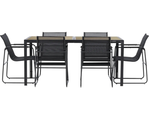 Trädgårdsbordgrupp med fyra stolar, metall och textil