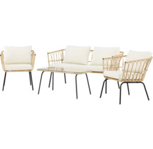 Trädgårdsmöbelset med två stolar, en soffa och ett bord med glasskiva.