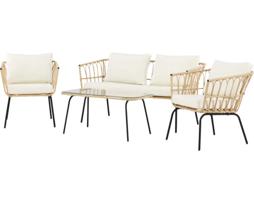 Trädgårdsmöbelset med två stolar, en soffa och ett bord med glasskiva.