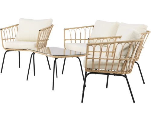 Trädgårdsmöbelset med rottingfåtöljer och glasbord