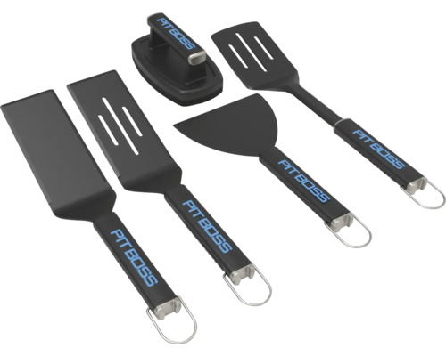 Pit Boss grillverktygsset, bestående av stekspadar, grillgaffel och hamburgarepress