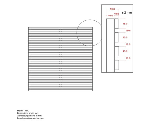 Teknisk ritning av ett insynsskydd med mått i millimeter