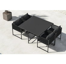 Uteplatsgrupp med rektangulärt bord och fyra stolar med dynor