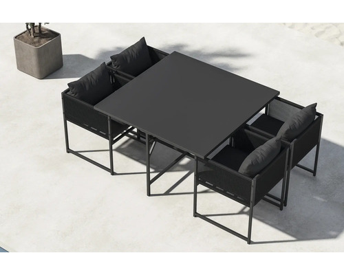 Uteplatsgrupp med rektangulärt bord och fyra stolar med dynor