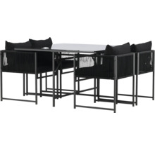 Trädgårdsbordgrupp med fyra stolar och svarta kuddar.