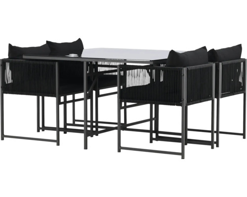 Trädgårdsbordgrupp med fyra stolar och svarta kuddar.