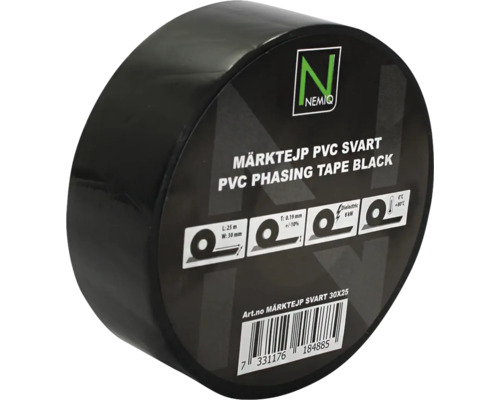 Märktejp NEMIQ PVC 30mm x 25m svart 5st Svart PVC isoleringstejp från Nemig