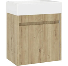 Tvättställsskåp med trästruktur och vitt tvättställ