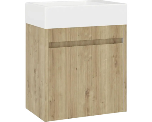 Tvättställsskåp med trästruktur och vitt tvättställ