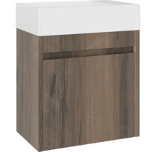 Tvättställsskåp i trä med låda och keramisk tvättställ