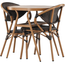 Trädgårdsbordgrupp med runt bord och två rottingstolar