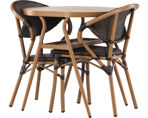 Trädgårdsbordgrupp med runt bord och två rottingstolar