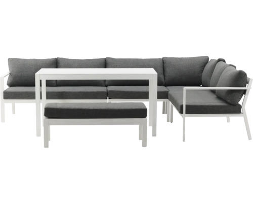 Trädgårdsmöbelset med hörnsoffa, bord och pall