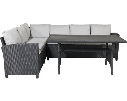 Trädgårdsset med hörnsoffa, bord och sittdynor av polyrotting