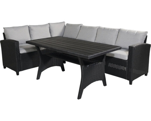 Uteplatsgrupp med matbord och hörnsoffa