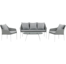 Trädgårdsmöbelset med två fåtöljer, en bänk och ett bord