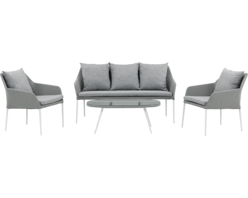 Trädgårdsmöbelset med två fåtöljer, en bänk och ett bord