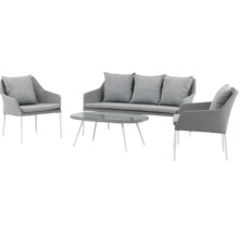 Trädgårdsmöbelgrupp med soffa, två stolar och glasbord