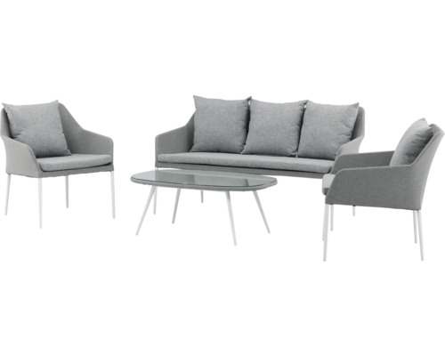 Trädgårdsmöbelgrupp med soffa, två stolar och glasbord