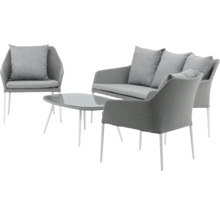 Grå trädgårdsmöbelgrupp med soffa, fåtöljer och bord