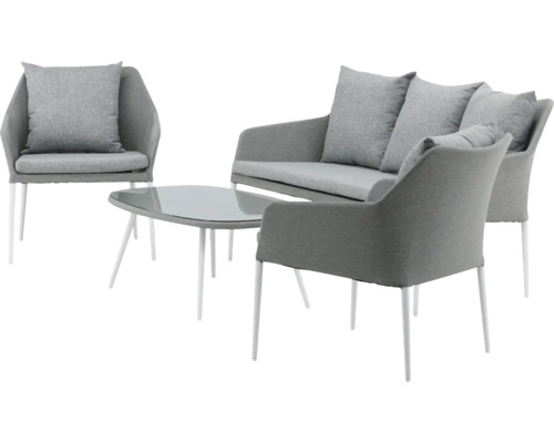 Grå trädgårdsmöbelgrupp med soffa, fåtöljer och bord