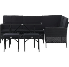 Trädgårdsmöbelset med hörnsoffa, bord och pallar för utomhusbruk